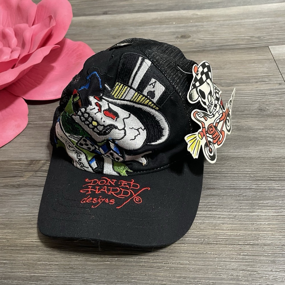 VTG Y2K ED HARDY Embroidered Skull Dice SMOKIN BRAD Cap Trucker Hat Snapback NEW